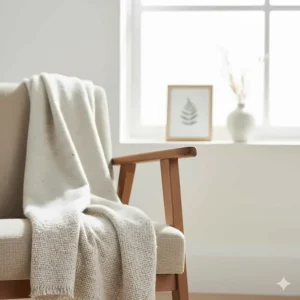 An eco-friendly luxury throw blanket crafted from recycled cashmere fibres in a neutral cream tone.