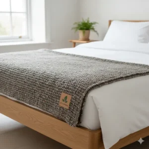 A sustainable, recycled wool king size blanket for bed folded neatly on the end of a bedframe.