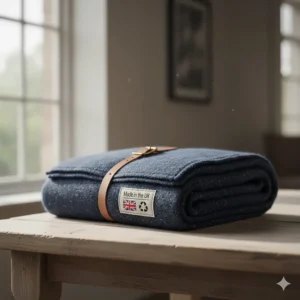 Sustainable navy blue blanket made from recycled wool, folded neatly with a Made in the UK tag.