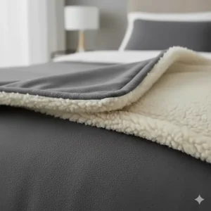 Side view showing the reversible layers of a flannel top and sheepskin-style sherpa fleece lining.