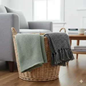 Two decorative textured sofa throws in sage green and charcoal grey styled in a wicker basket.