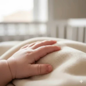 A gentle close-up of a baby's hand resting on the soft, non-irritating fibres of a hypoallergenic blanket suitable for sensitive skin.