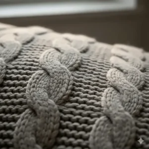 Close-up of a soft cable-knit king size blanket for bed in a neutral grey tone.