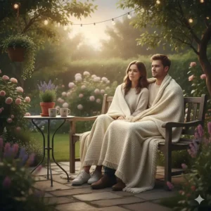 A couple wrapped in a cream textured summer blanket while sitting on a garden bench on a typical British summer evening.