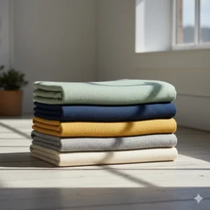 A stack of super king blankets in various British-inspired tones including sage green, navy, and mustard.