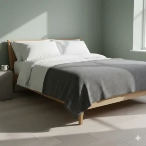 A charcoal wool super king blanket folded neatly at the foot of a super king size bed.