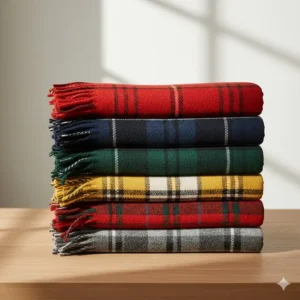 A stack of folded tartan blankets in various clan colours including Black Watch, MacKenzie, and Buchanan patterns.