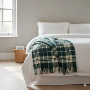A green checked tartan blanket neatly folded at the foot of a bed with white linen, creating a rustic farmhouse aesthetic.