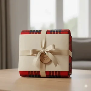 A luxury tartan blanket tied with a cream ribbon and a gift tag, presented as a thoughtful British-made gift.