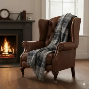 A blue and grey tartan throw draped over a classic leather wingback armchair next to a fireplace.
