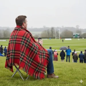 A spectator using a heavy-duty tartan blanket to stay warm while sitting outdoors at a British sporting event.