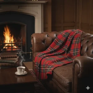 Traditional red tartan check blanket draped over a leather sofa in a classic UK home.