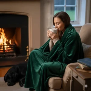 A green velvet throw blanket tucked around a person holding a cup of tea by a fireplace.