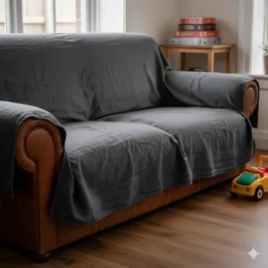 Large dark grey machine-washable throw covering a brown leather sofa to protect the upholstery.