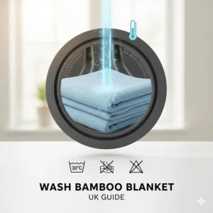 Photorealistic guide showing the care and washing of a bamboo cooling blanket to maintain its soft, breathable texture.