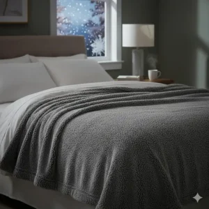 A heavy-duty sherpa fleece blanket used as an extra layer for warmth during British winter.