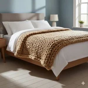 A thick chunky-knit wool blanket layered over a white duvet on a double bed for extra warmth during British winters.