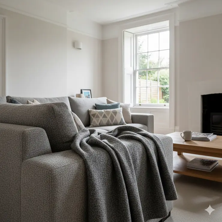 A cosy grey wool throw blanket draped over a modern fabric sofa in a bright British living room. blankets for sofa