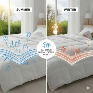 An infographic showing the breathability of a hypoallergenic blanket, ideal for both warm British summers and chilly winters.