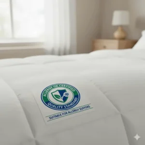 A graphic representation of quality standards for allergy-friendly bedding and hypoallergenic fabrics in the UK.