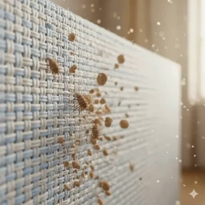 Illustration showing how the tight weave of a hypoallergenic blanket acts as a barrier against dust mites and common UK household allergens.