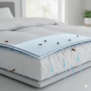 A technical illustration of a protective fabric layer acting as a barrier against dust mites and allergens in a bed.