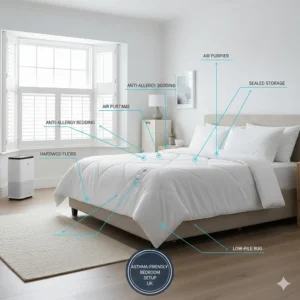 An infographic showing an anti-allergy blanket as part of a clean, dust-free British bedroom environment.