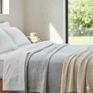 A neatly made bed showing a breathable summer blanket used as a lightweight duvet alternative.
