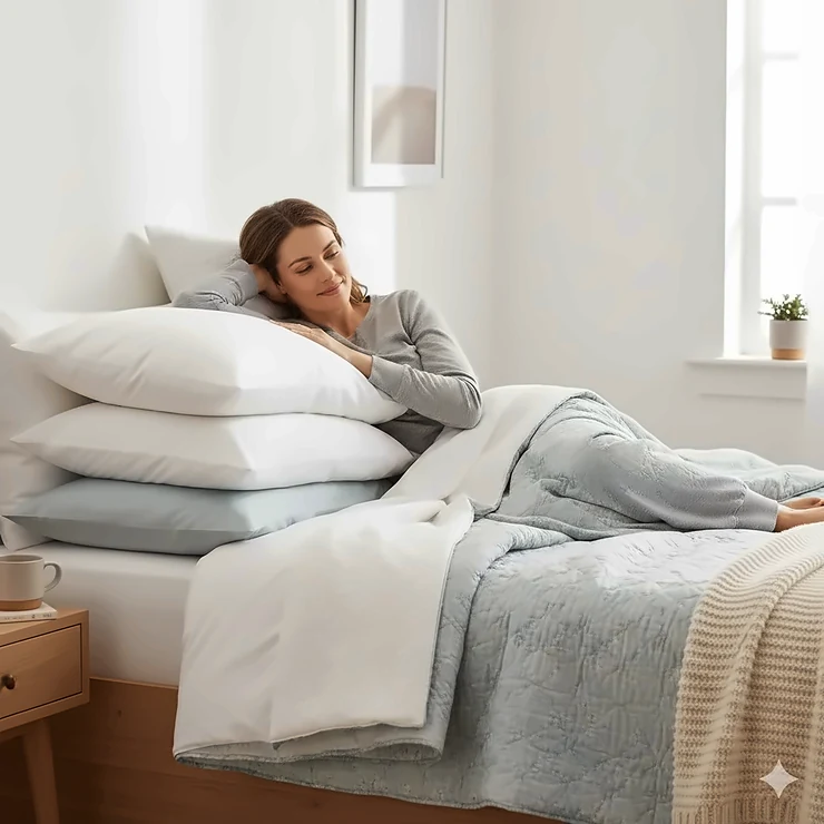 A person relaxing in a clean, modern British bedroom with high-quality anti-allergy blankets and bedding. blankets for dust mite allergy sufferers