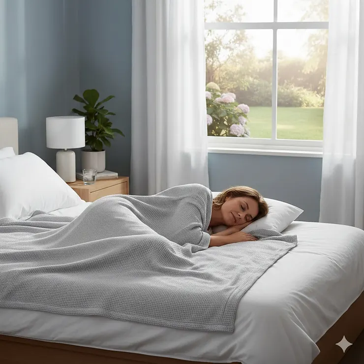 A person sleeping comfortably under a lightweight grey cooling blanket in a British bedroom setting, illustrating relief from night sweats cooling blankets for night sweats