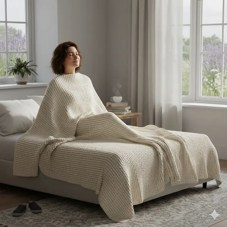 A person relaxing in a bright, modern UK bedroom under a soft, white hypoallergenic blanket, highlighting a sneeze-free and comfortable sleep environment. hypoallergenic blankets