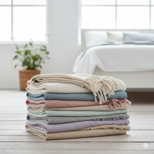 A stack of lightweight blankets in various pastel shades including duck egg blue and soft grey.