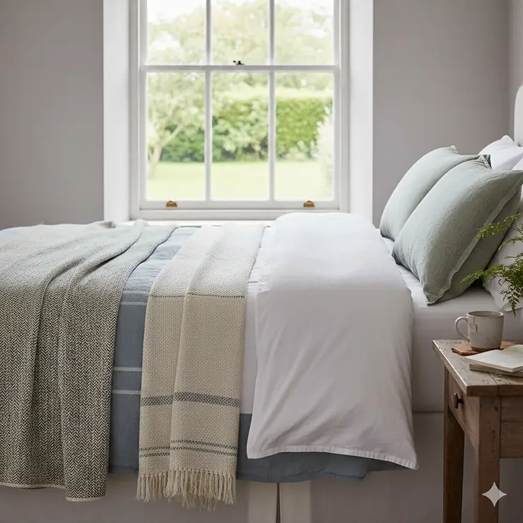 A king-size bed in a bright British bedroom styled with the best lightweight blankets for summer layering. best lightweight blankets