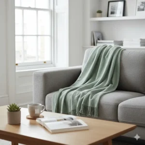 A soft sage green lightweight throw draped over a modern grey sofa in a UK living room.