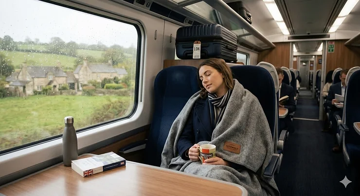 woman relaxes in a navy blue lightweight travel blanket while looking out at a rainy British landscape from a train window. lightweight travel blankets