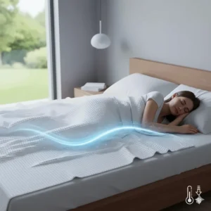 An illustration showing airflow through a breathable blanket to help hot sleepers stay cool at night.