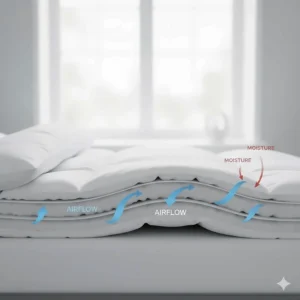 A cross-section illustration of a hypoallergenic duvet showing blue airflow arrows and red moisture-wicking indicators.