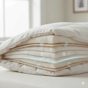 A cross-section of breathable organic cotton layers in an anti-allergy blanket to prevent overheating at night.