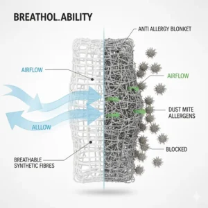 Diagram showing how breathable synthetic fibres allow airflow while blocking dust mite particles.