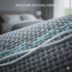 Close-up illustration of moisture-wicking fibres in temperature regulating blankets designed to prevent night sweats and improve sleep quality.