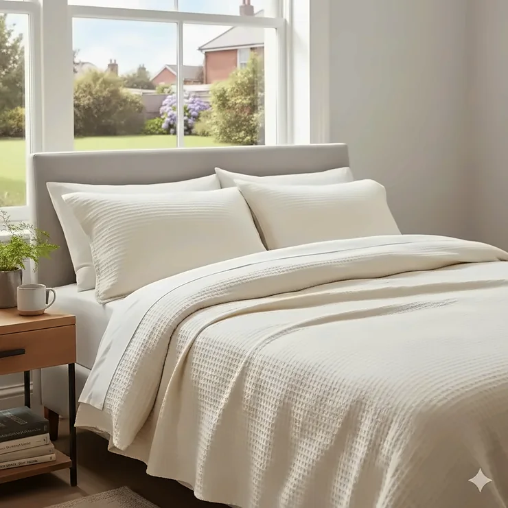 A lightweight breathable summer blanket in cream cotton draped over a modern bed in a bright British bedroom. breathable summer blankets