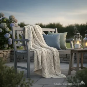 A warm cable knit throw draped over a wooden garden bench next to a patio table and lantern.