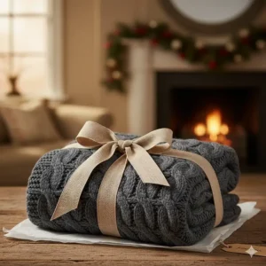 A grey cable knit throw tied with a neutral ribbon and gift tag, presented as a luxury gift on a rustic table.