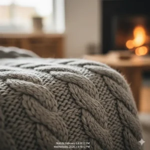 Close-up detail of the chunky cable knit weave on a soft grey wool-blend throw by a warm fireplace.