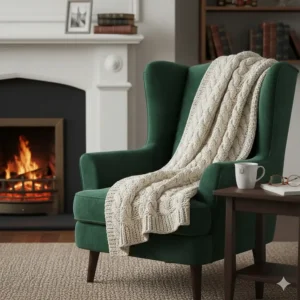 A cream cable knit throw draped over a green velvet wingback armchair by a traditional fireplace.