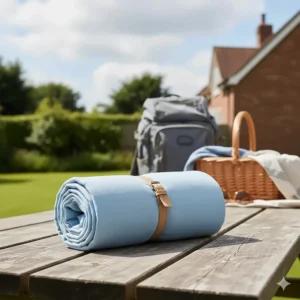 A compact, folded lightweight blanket for summer travel or garden use in the UK.