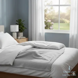 A cooling blanket placed neatly over a low-tog duvet on a king-size bed for year-round temperature control.