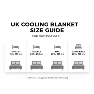 Size chart for cooling blankets for hot sleepers, ranging from UK single to super king bed sizes.
