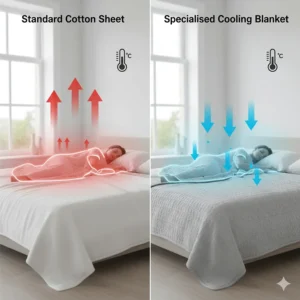 Side-by-side comparison of heat retention in a standard cotton sheet versus a specialised cooling blanket for night sweats.