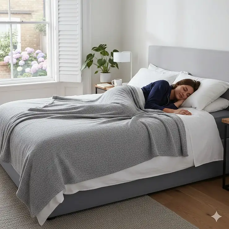 A person sleeping comfortably under a lightweight grey cooling blanket in a bright British master bedroom. cooling blankets for hot sleepers